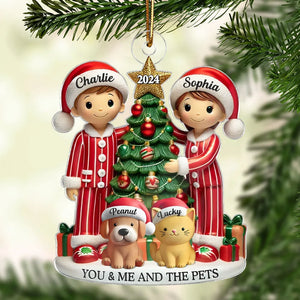 Christmas Pyjamas Couple With Dogs Cats - Personalized Acrylic Ornament - Christmas Gift For Cat Lovers, Dog Lovers