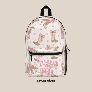 Personalized Coquette Cowgirl Boots Bow Backpack, Back To School Bookbag Custom Name, Girly Pop Birthday Gift