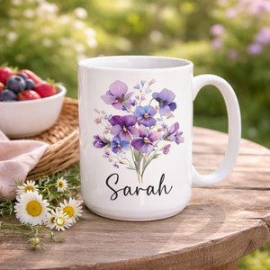 Custom Birth Flower Coffee Mug, Personalized Birthflower Cup with Name, Wildflower Birthday Mugs