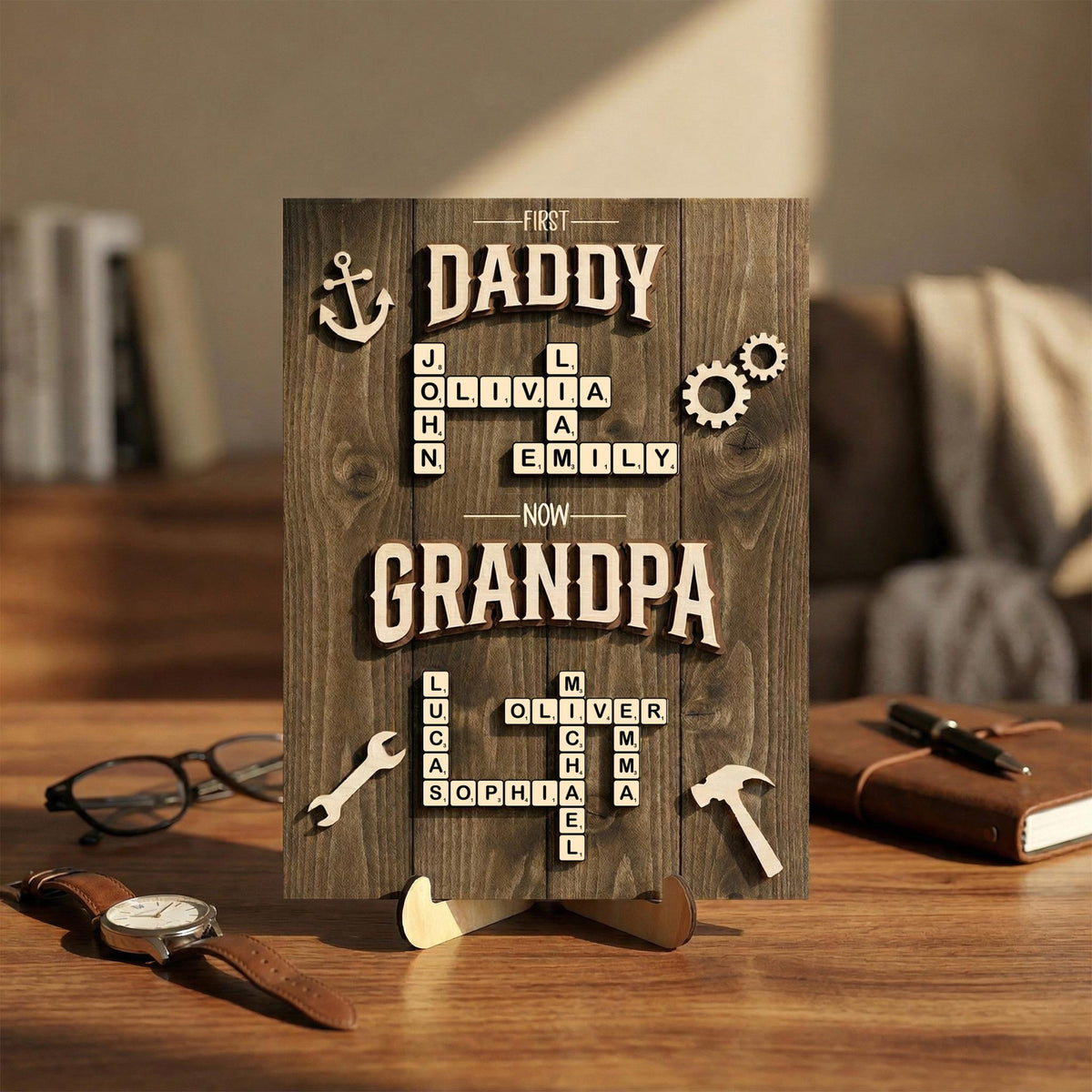 Personalized Scrabble Family Name Sign, First Dad Now Grandpa Wooden Frame, Fathers Day Gift For Grandpa With Kids Name,Dad Puzzle Sign Gift