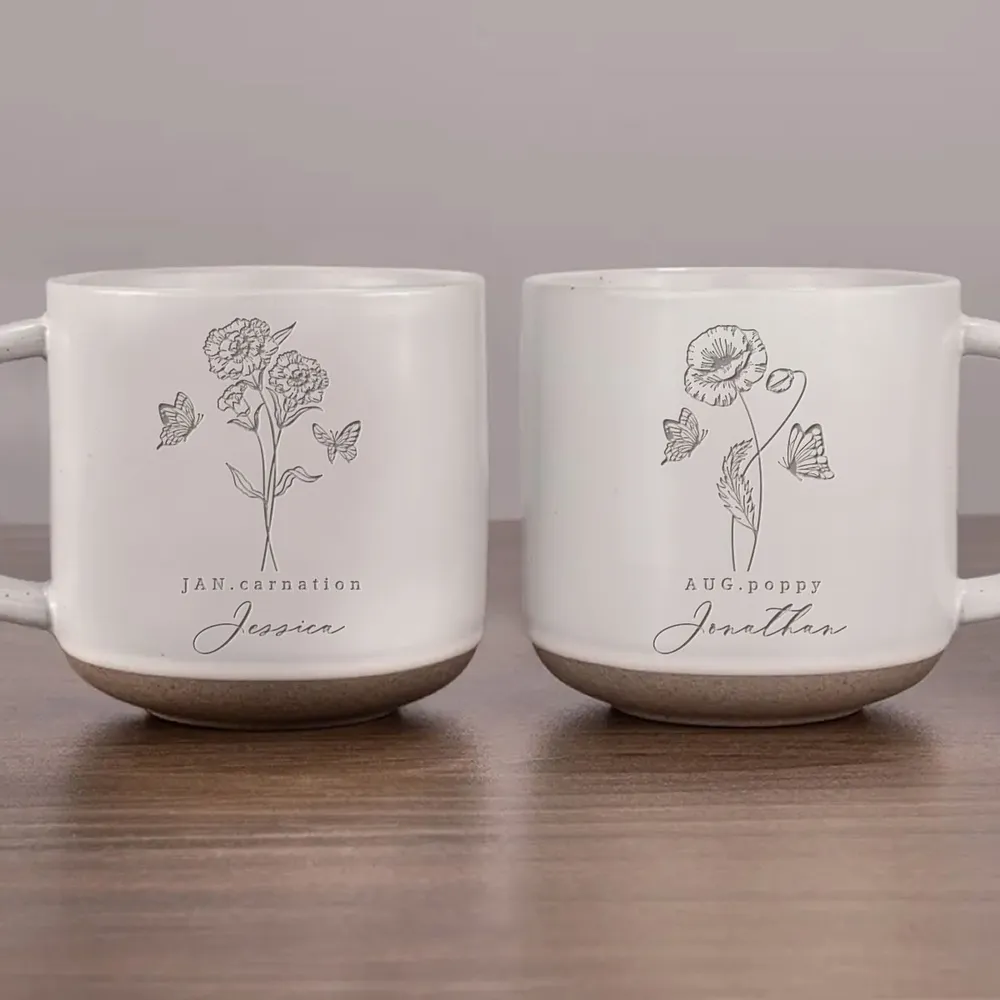 Custom Family Birth Flowers - Personalized Engraved Pottery Mug - Birthday Gift For Grandma, Mom, Daughter, Mother's Day Gift