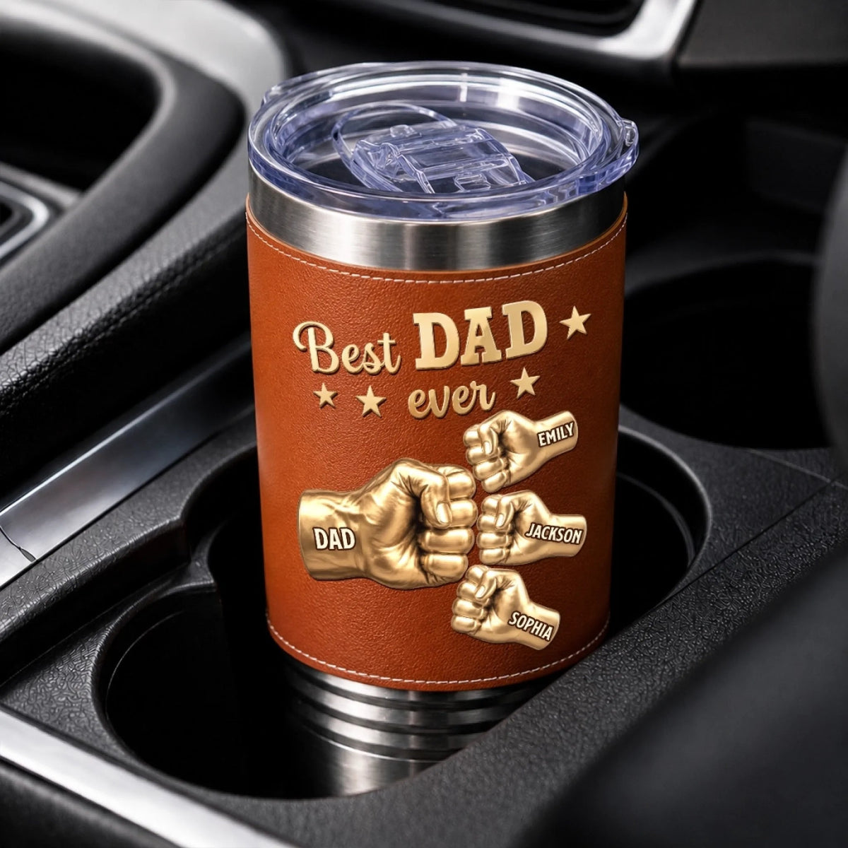 Best Dad Ever Fist Bump - Personalized Leather Tumbler - Gift For Dad, Gift For Grandpa, Father's Day Gift