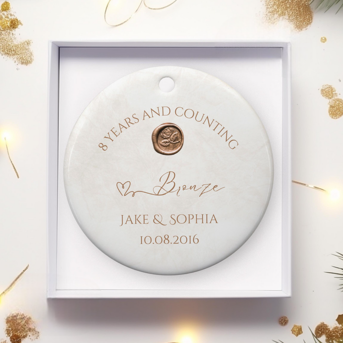 Personalize 8th Anniversary Ornament, Bronze Wedding Anniversary Gift, Eighth Year Anniversary Ceramic 8 Years Married Keepsake