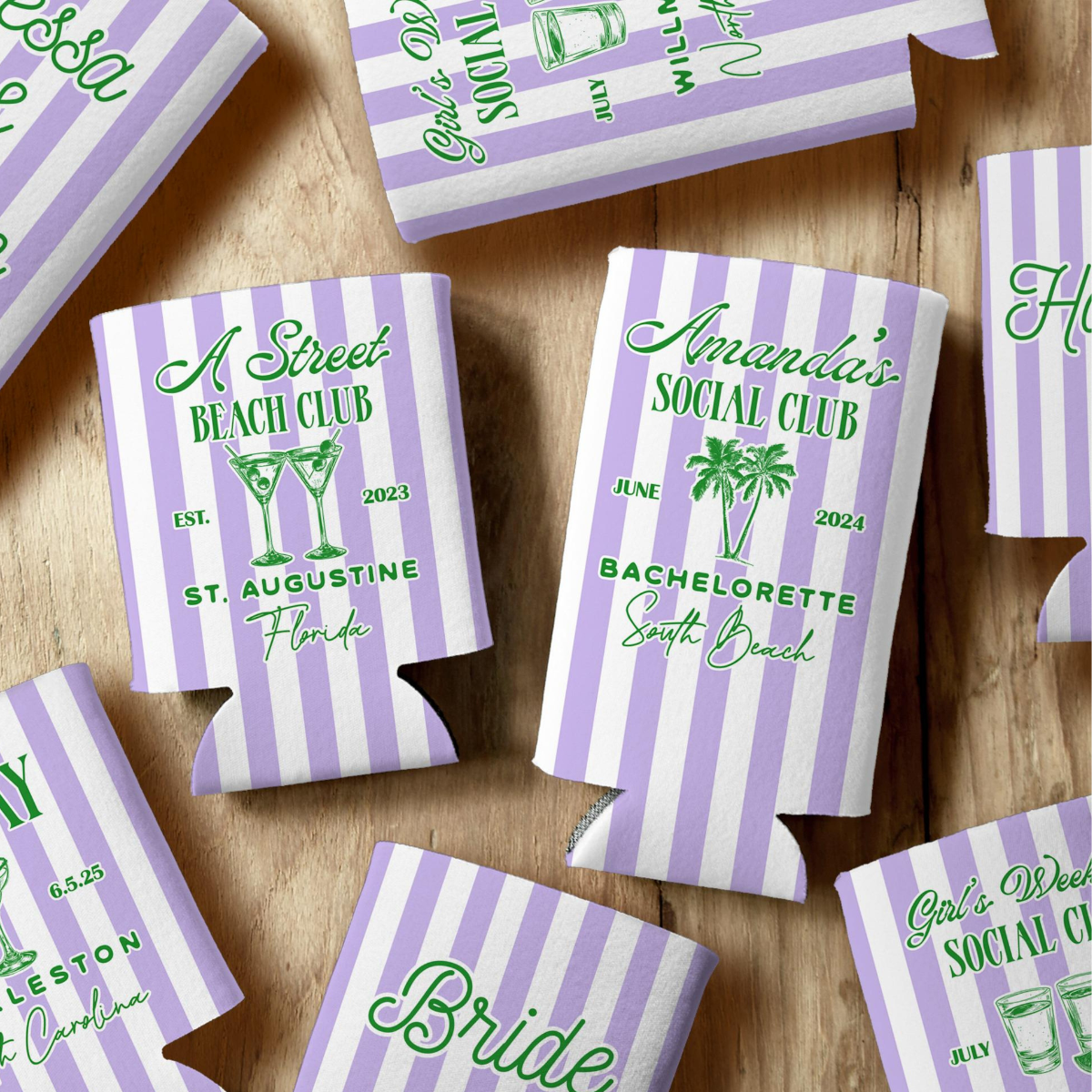 Social Club Party Favor Can Coolers Customizable with Striped Design, Event Icons, and Personal Details