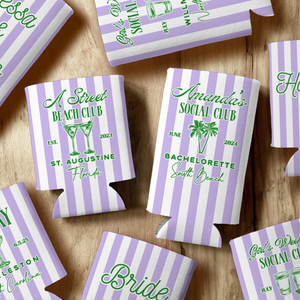 Social Club Party Favor Can Coolers Customizable with Striped Design, Event Icons, and Personal Details