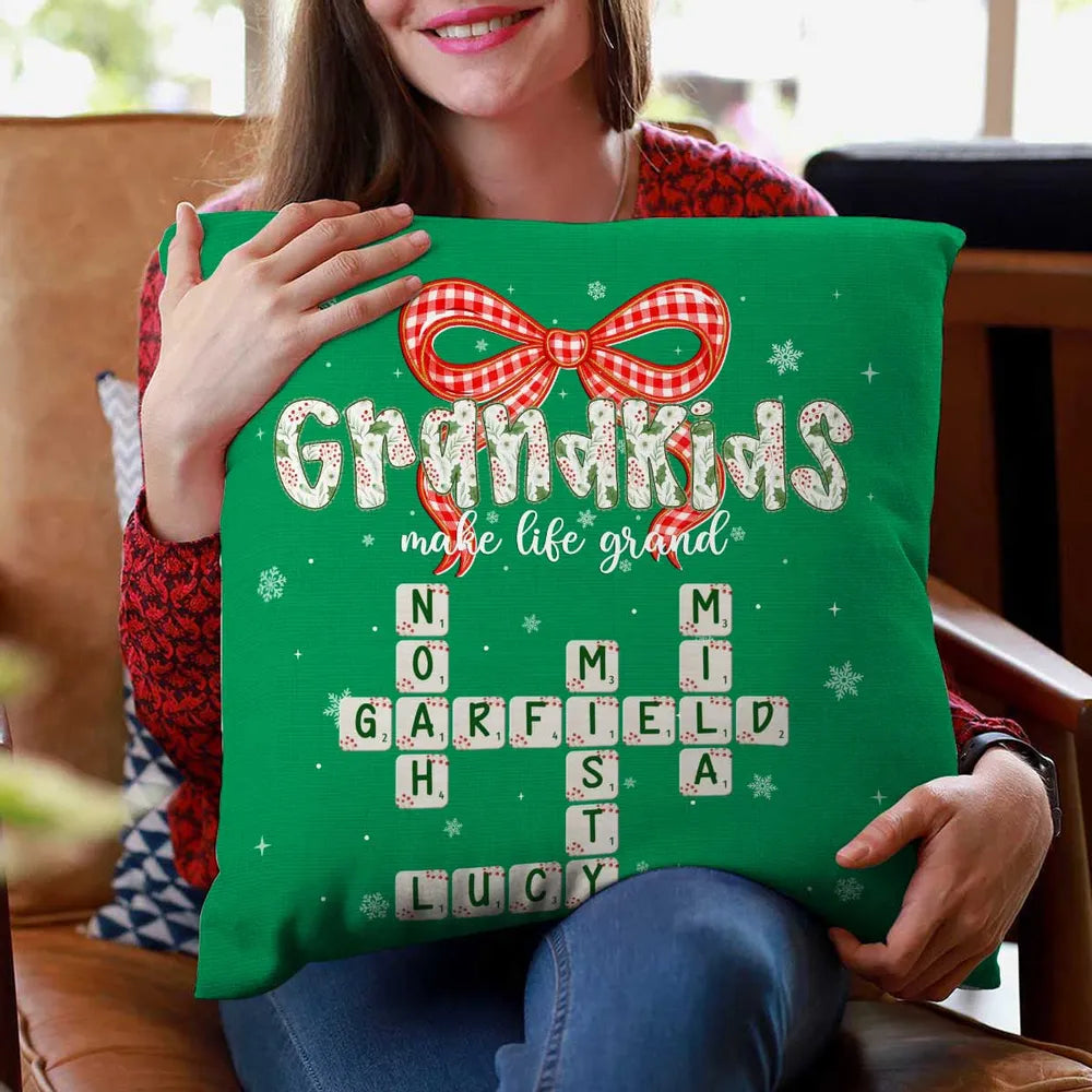 Grandkids Make Life Grand Coquette Floral Christmas Pattern Crossword Puzzle Art - Personalized Pillow - Christmas Gift For Family