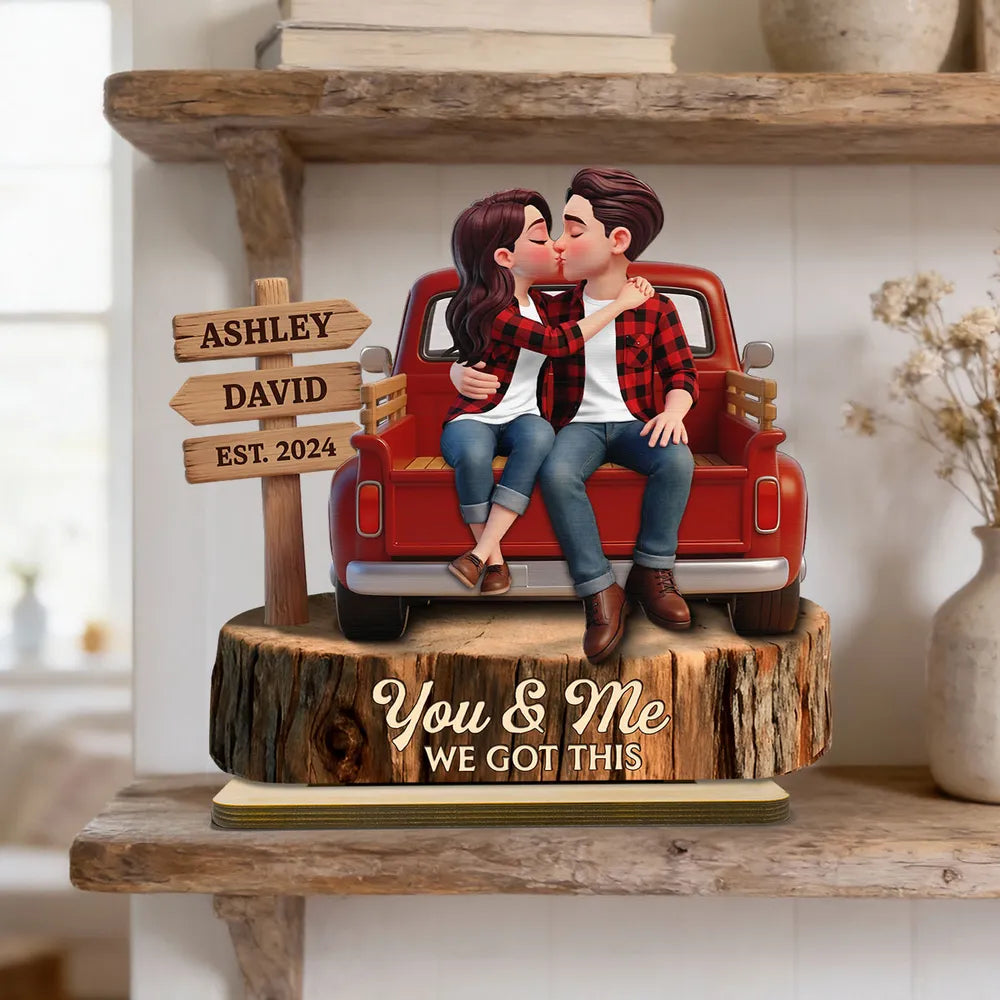 Kissing Couple Pickup Truck Sign Posts - Personalized Wooden Plaque With Flat Base - Valentine's Day Gift For Couple, Farmhouse Decor
