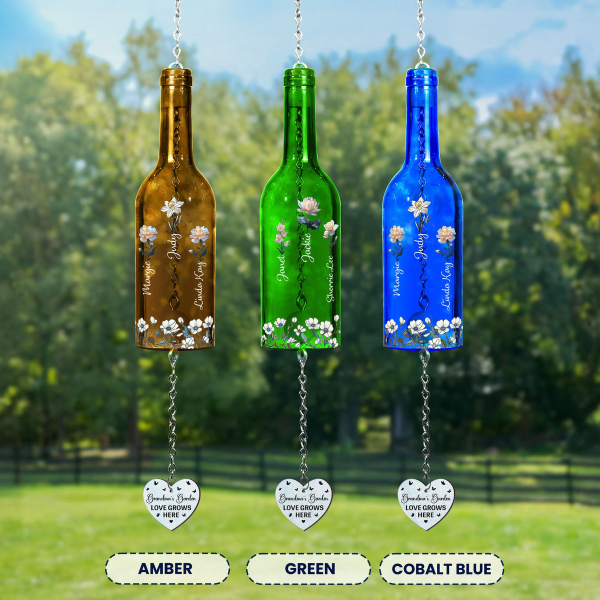 Mom Grandma's Garden Love Grows Here - Personalized Wine Bottle Wind Chime - Birthday Gift For Mother, Grandma