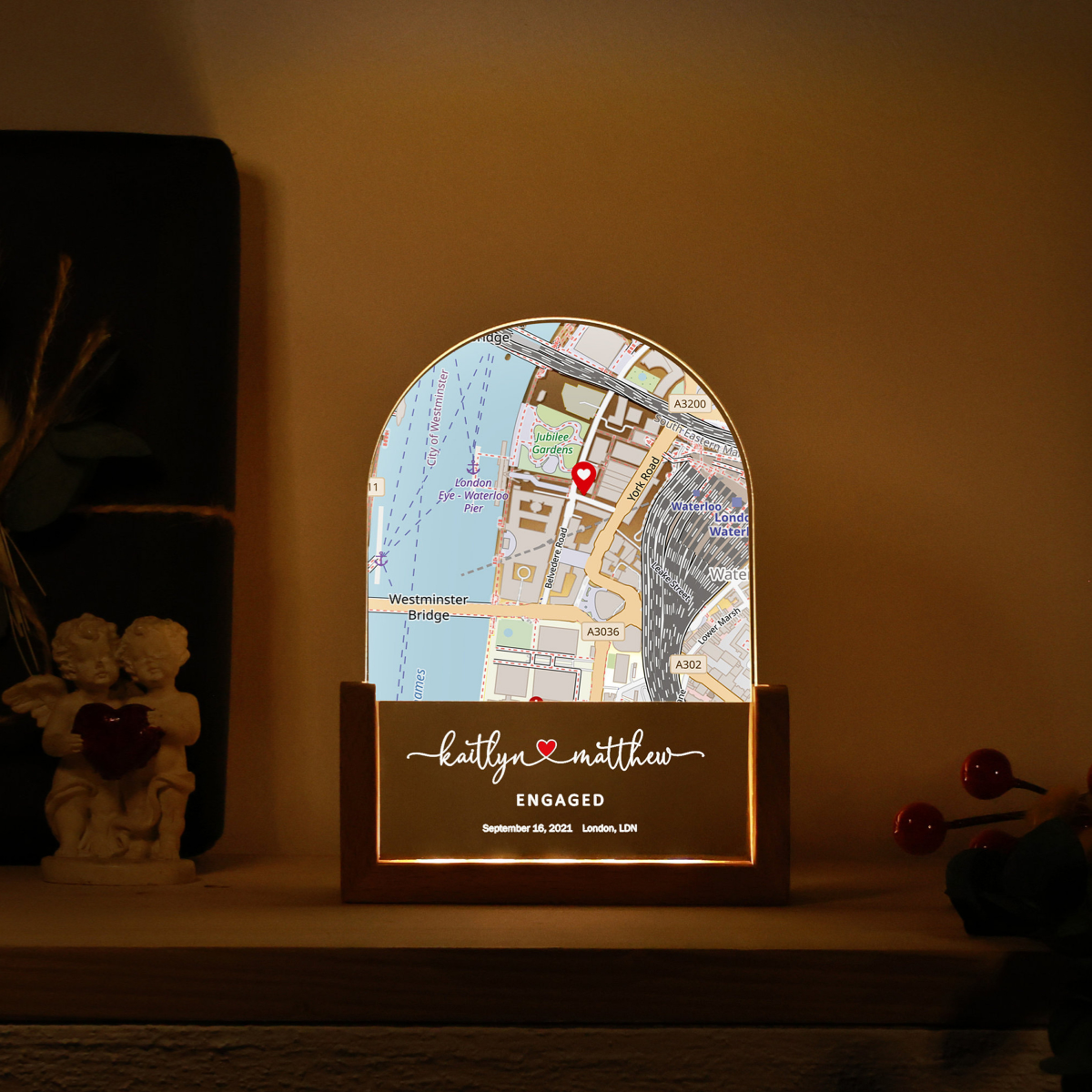 Custom Map Print - Personalized Desk Name Plate Night Light - Gift for Couple