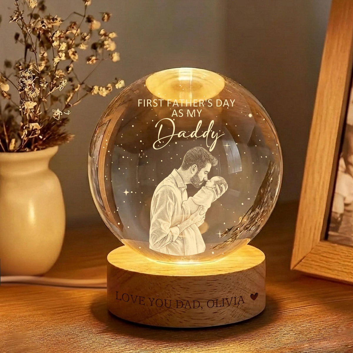 First Father's Day Ball Night Light, Personalized Dad Night Light, Custom Daddy Gift, New Dad Keepsake, LED Crystal Ball Gift For Dad