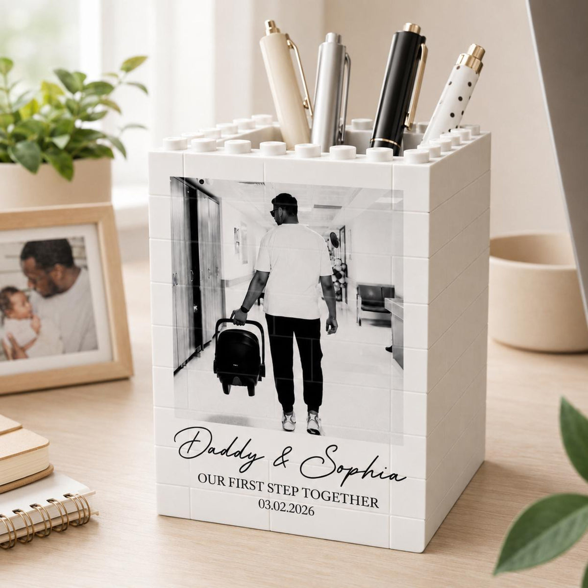 Custom Photo Father's Day Brick Pencil Pot, First Journey Together, Dad Gift from Baby, Gift for Husband, Gamer Dad Gift, Father Daughter