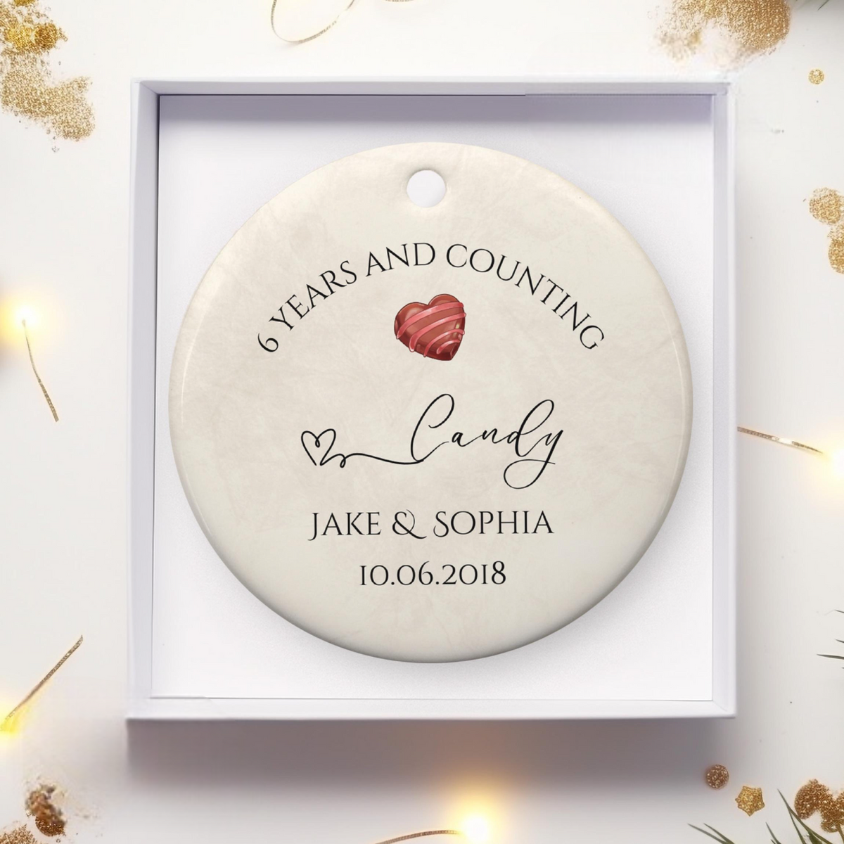 Personalized 6th Anniversary Ornament, Candy Wedding Anniversary Gift, Sixth Year Anniversary Ceramic Ornament, 6 Years Married Keepsake Gift