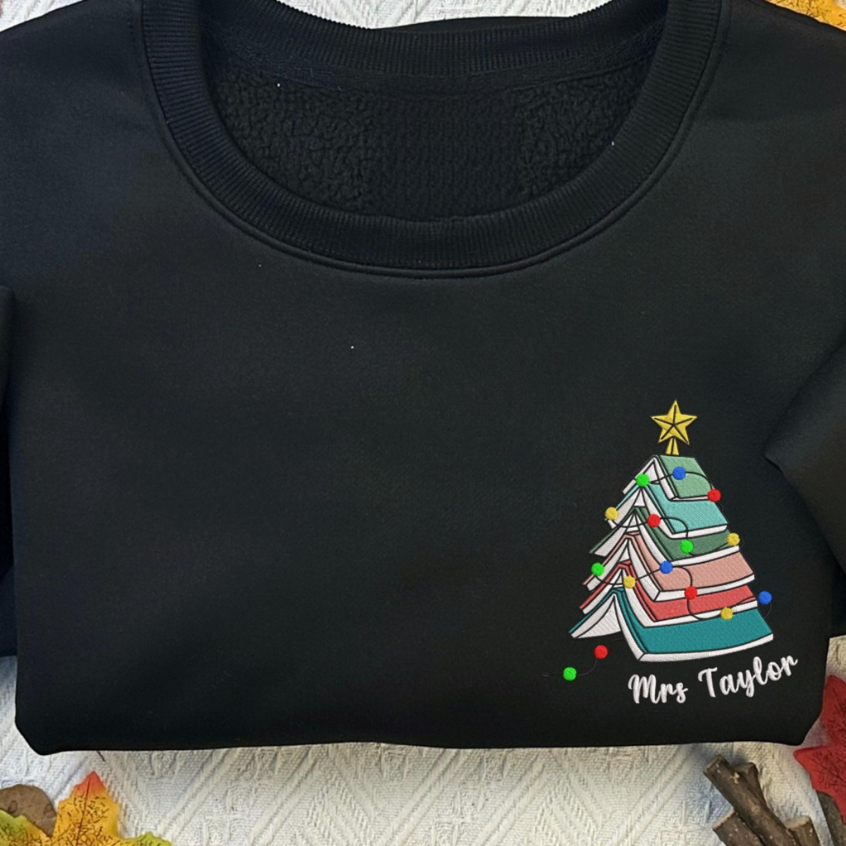 Personalized Teacher Name Christmas Book Tree Embroidered Sweatshirt, Merry Teacher Xmas Sweater, Woman Holiday Shirt for Librarian Gift