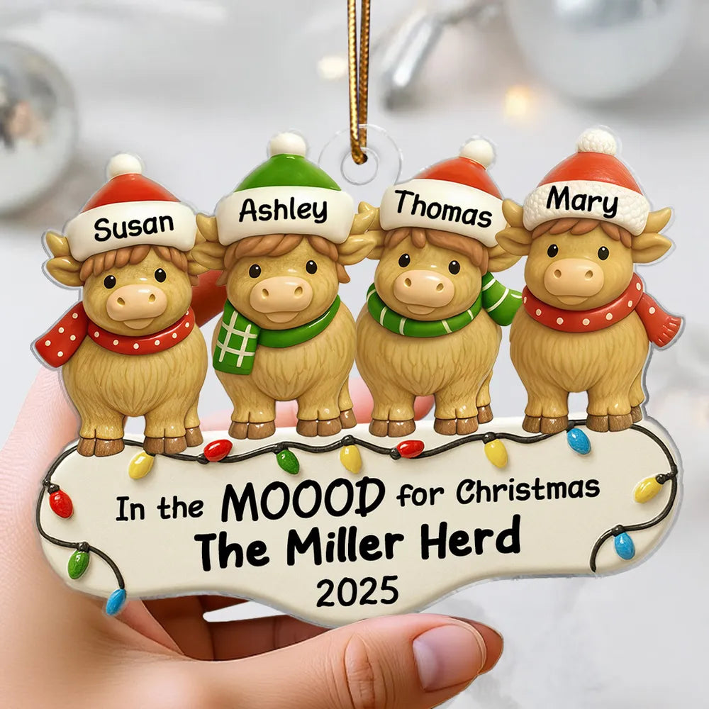 3D Effect Family Herd In The Mood For Christmas - Personalized Acrylic Ornament - Christmas Gift For Family