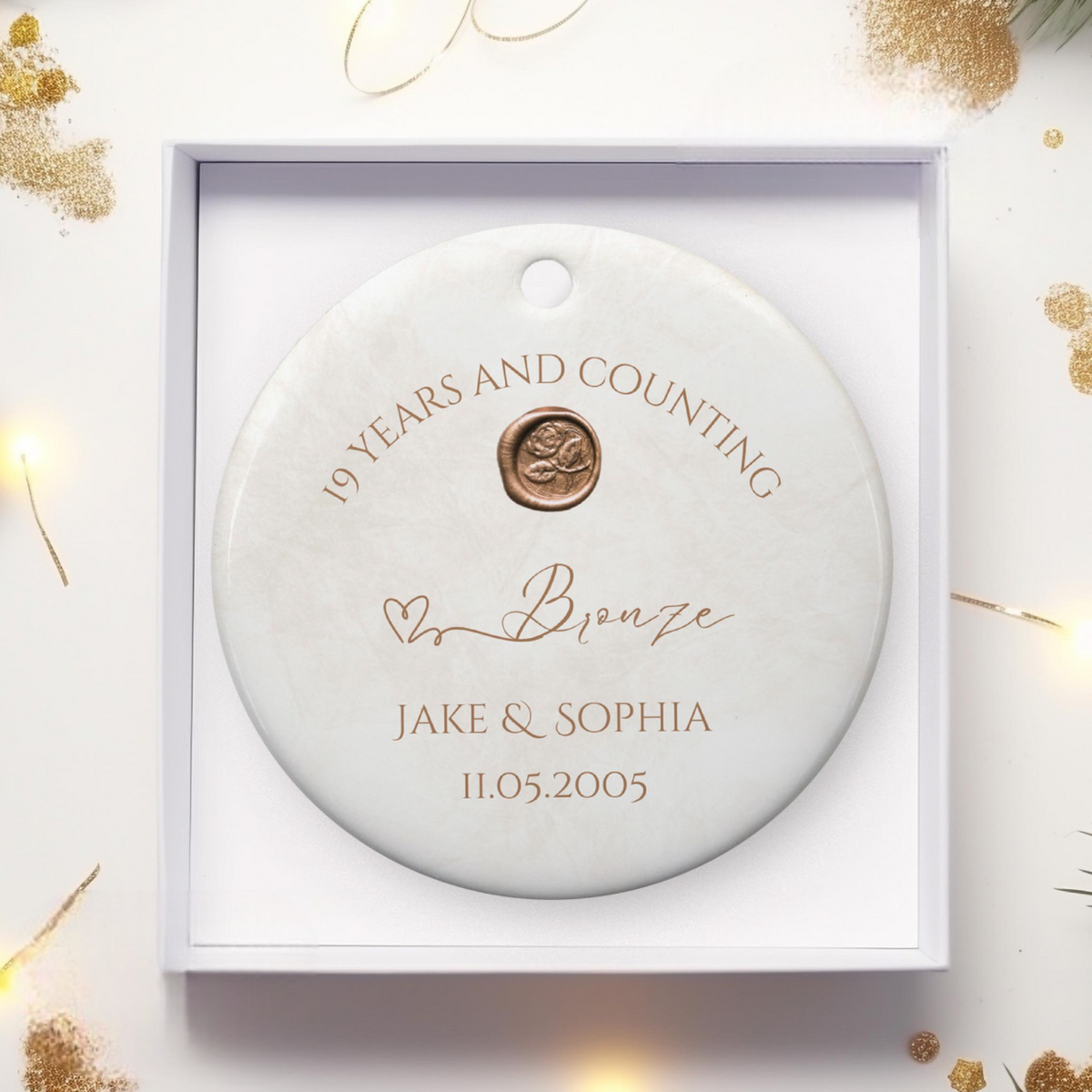 Personalized 19th Anniversary Ornament, Bronze Wedding Anniversary Gift, 19 Year Anniversary Ceramic Ornament, 19 Years Married Gift For Husband Wife