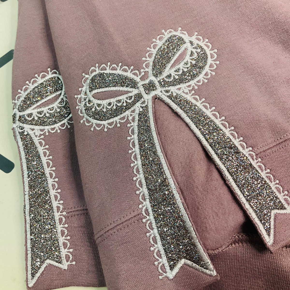 Embroidered Lace Side Bow Applique Sweatshirt Design, Classic Lace Bow, Embroidered Bow Sweatshirt, Glitter Side Bow Sweatshirt