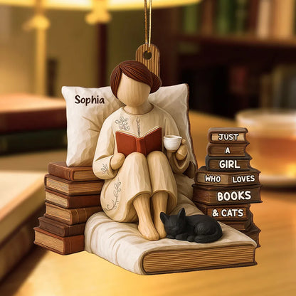 Just A Girl Who Loves Books & Black Cat 3D Effect - Personalized Wooden Ornament - Christmas Gift For Book Lover, Bookworm