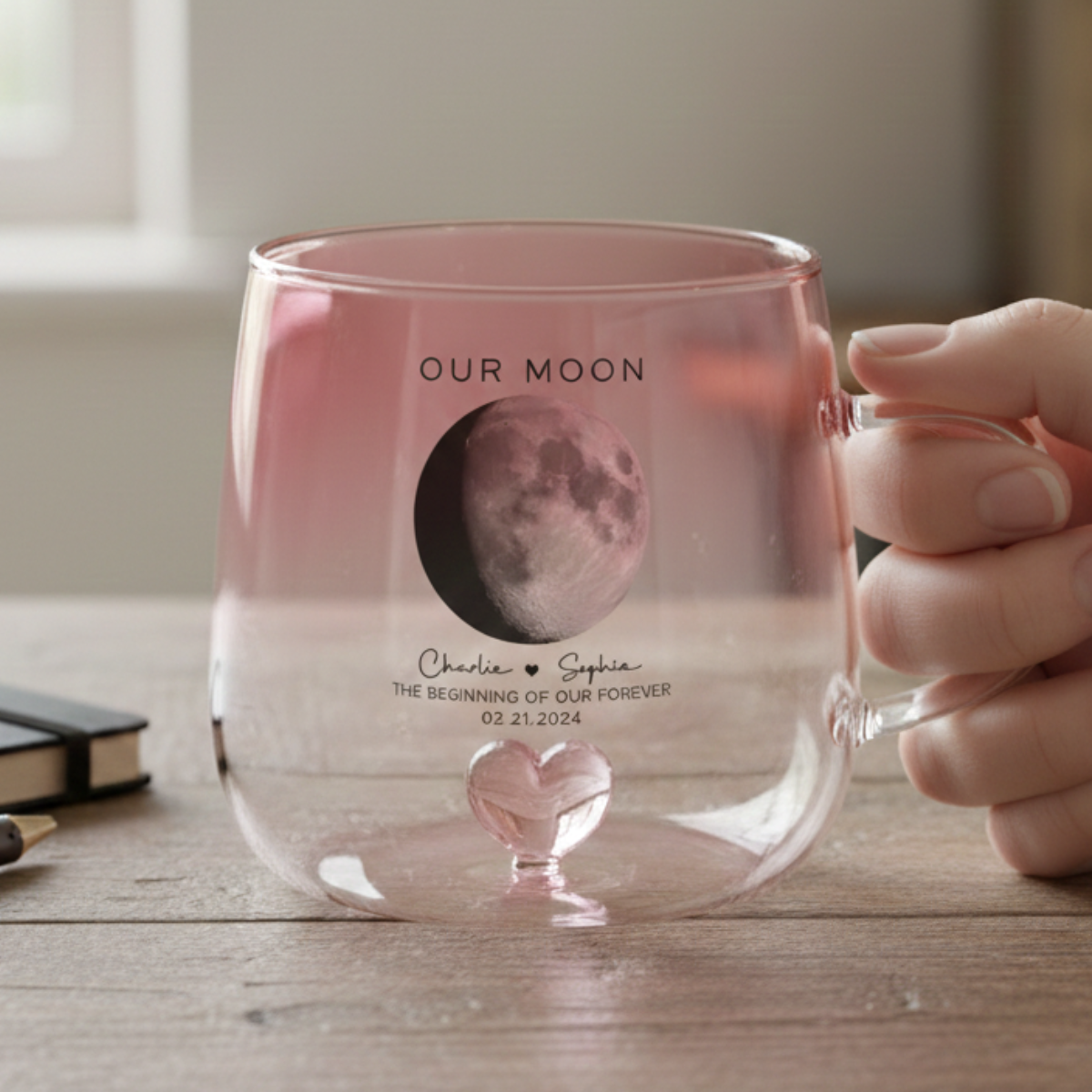 Our Moon Couple Moon Phase - Personalized Pink Gradient Mug - Anniversary Gift For Him Gift For Her