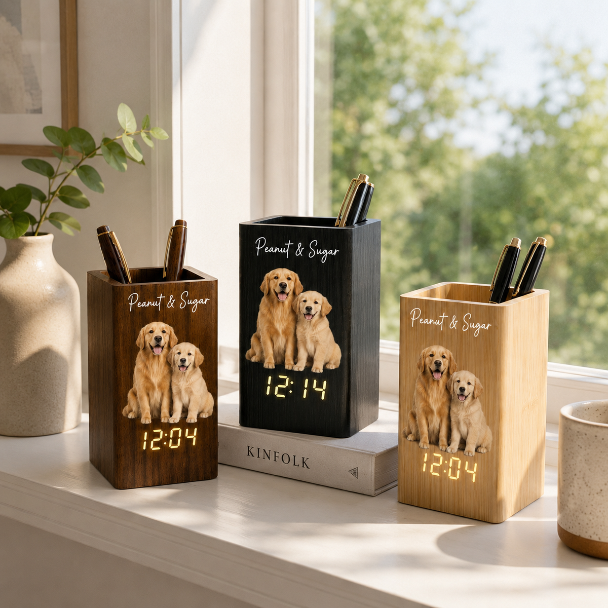 Custom Pet Watercolor Photo - Personalized Pen Holder With Clock - Gift For Dog Lovers, Cat Owners