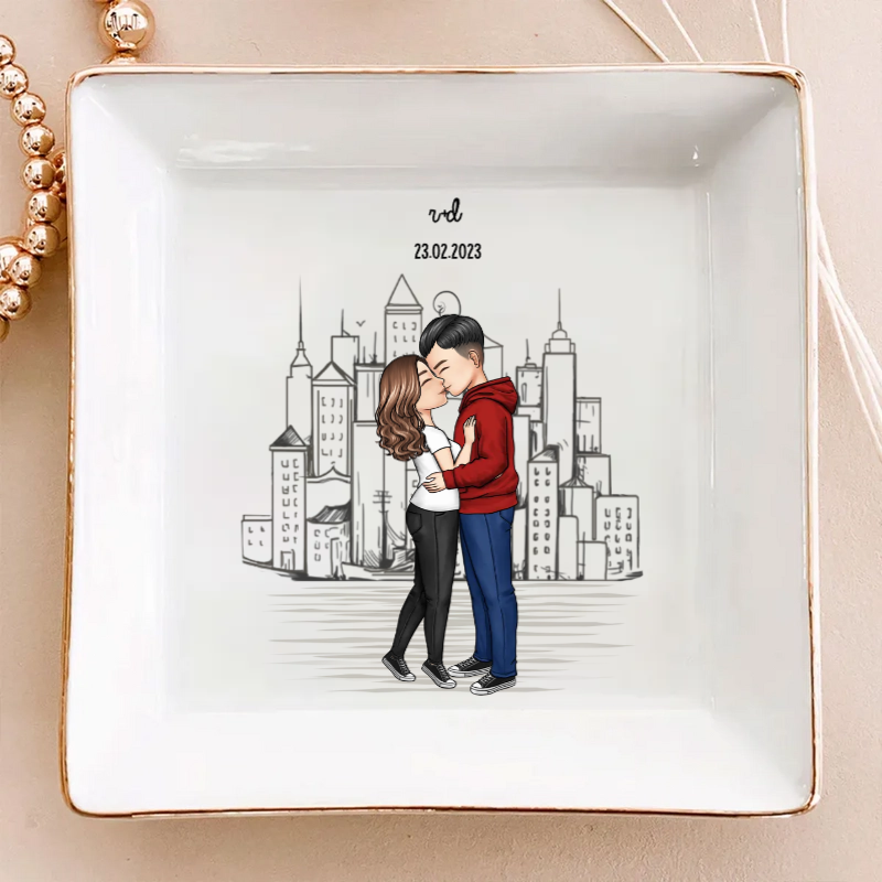 Kissing Couple Forever Together - Personalized Jewelry Plate - Gift For Girlfriend, Fiancee, Anniversary Gift