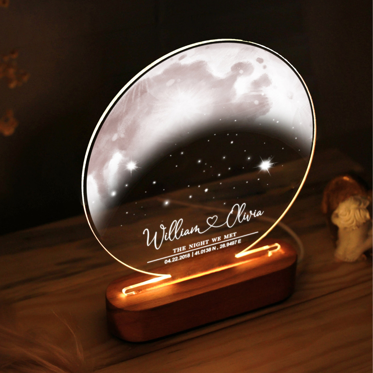 Custom Moon Phase Unique Wedding Gift Idea, Acrylic Moon LED Light Wooden Base, Gift For Couple