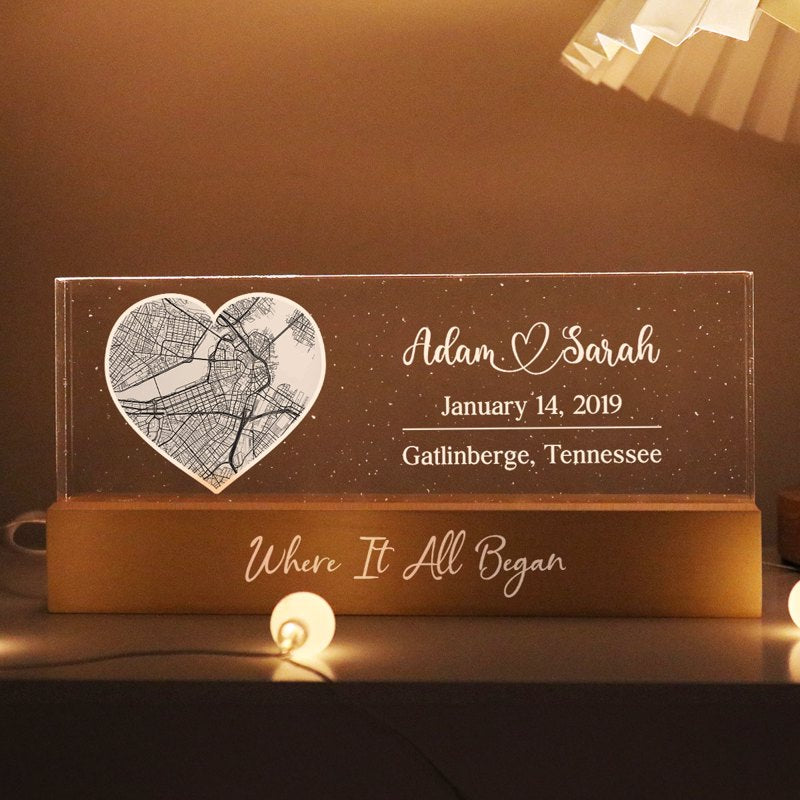 Where It All Began Couple Location, Personalized LED Light Wooden Base, Engagement Gift, Anniversary Gift, Heartfelt Keepsake For Couples