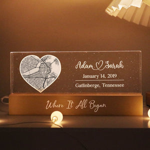 Where It All Began Couple Location, Personalized LED Light Wooden Base, Engagement Gift, Anniversary Gift, Heartfelt Keepsake For Couples