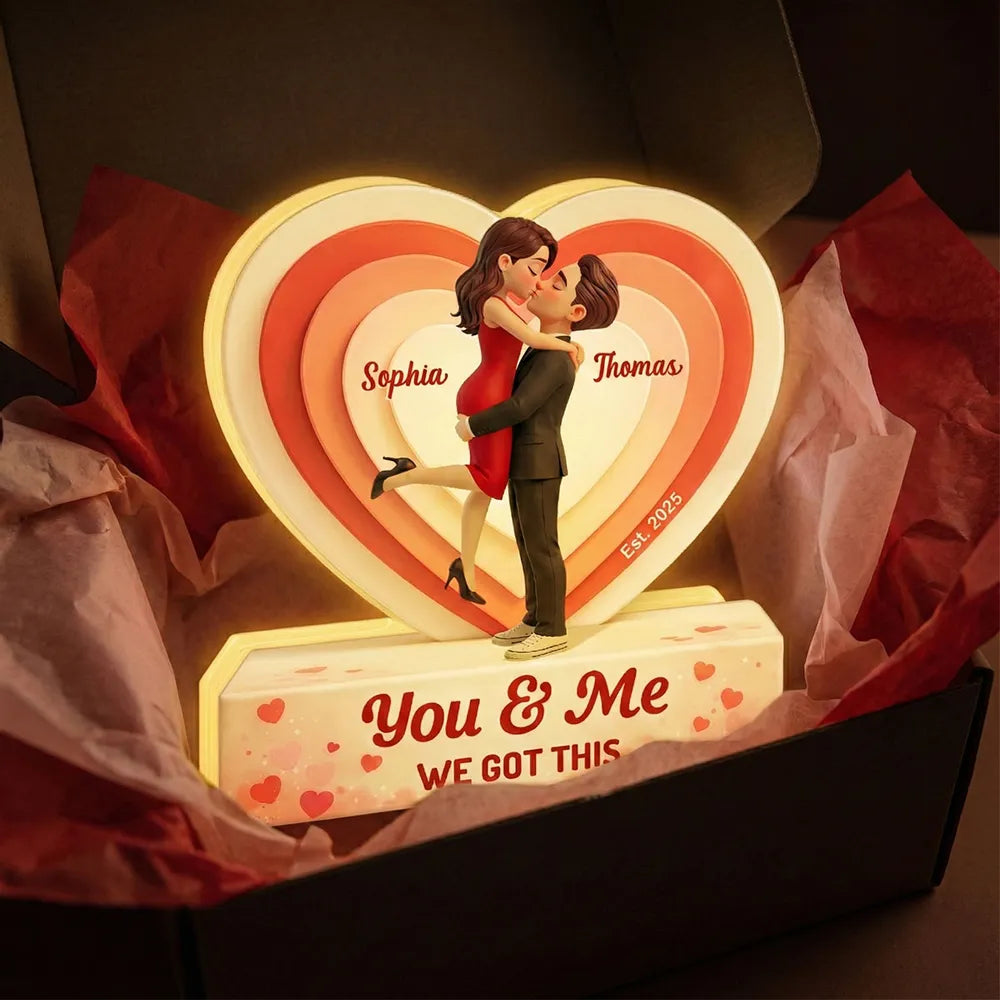 3D Kissing Couple Pink Heart - Personalized Acrylic Light Box - Heartfelt Valentine's Day Gift, Anniversary Gift For Couple