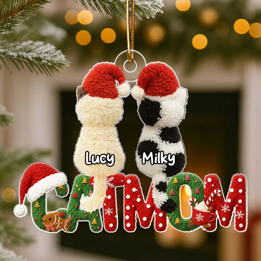 3D Effext Faux Crochet Cat Mom - Personalized Acrylic Ornament - Christmas Gift for Cat Lovers