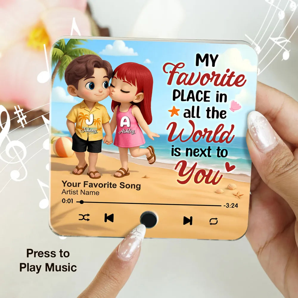 My Favorite Place in All the World is Next to You, Summer Cartoon Couple - Personalized Music Fridge Magnet - Gift For Couple