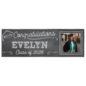 Personalized Chalkboard Graduation Banner with Photo, Custom Name Class of 2026 Congrats Grad Party Decoration
