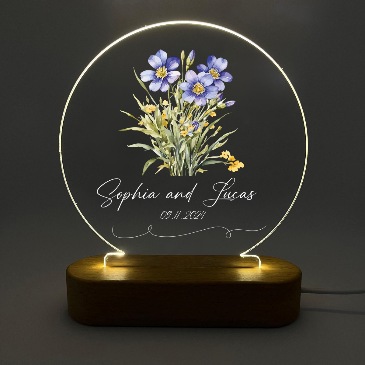 Custom Couples Name Night Light with Sunflower, Personalized Led Night light, Anniversary Gift, Valentines Gift, Unique Wedding Gift