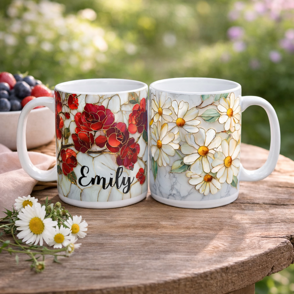 Personalized Birth Flower Coffee Mug, Custom Stained Glass Style Floral Coffee Mug,Birth Month Flower Cup,Aesthetic Ceramic Mug Gift for Mom