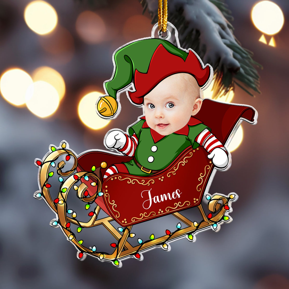 Custom Face Adorable Baby With Santa Sleigh - Personalized Acrylic Shaped Ornament - Gift For Baby, Christmas Gift