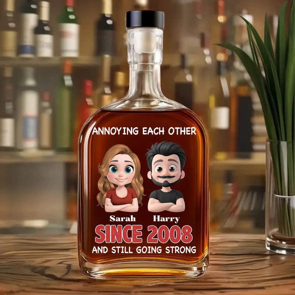 Annoying Each Other And Still Going Strong Cartoon Couple - Personalized Whiskey Bottle - Gift For Couple, Anniversary Gift
