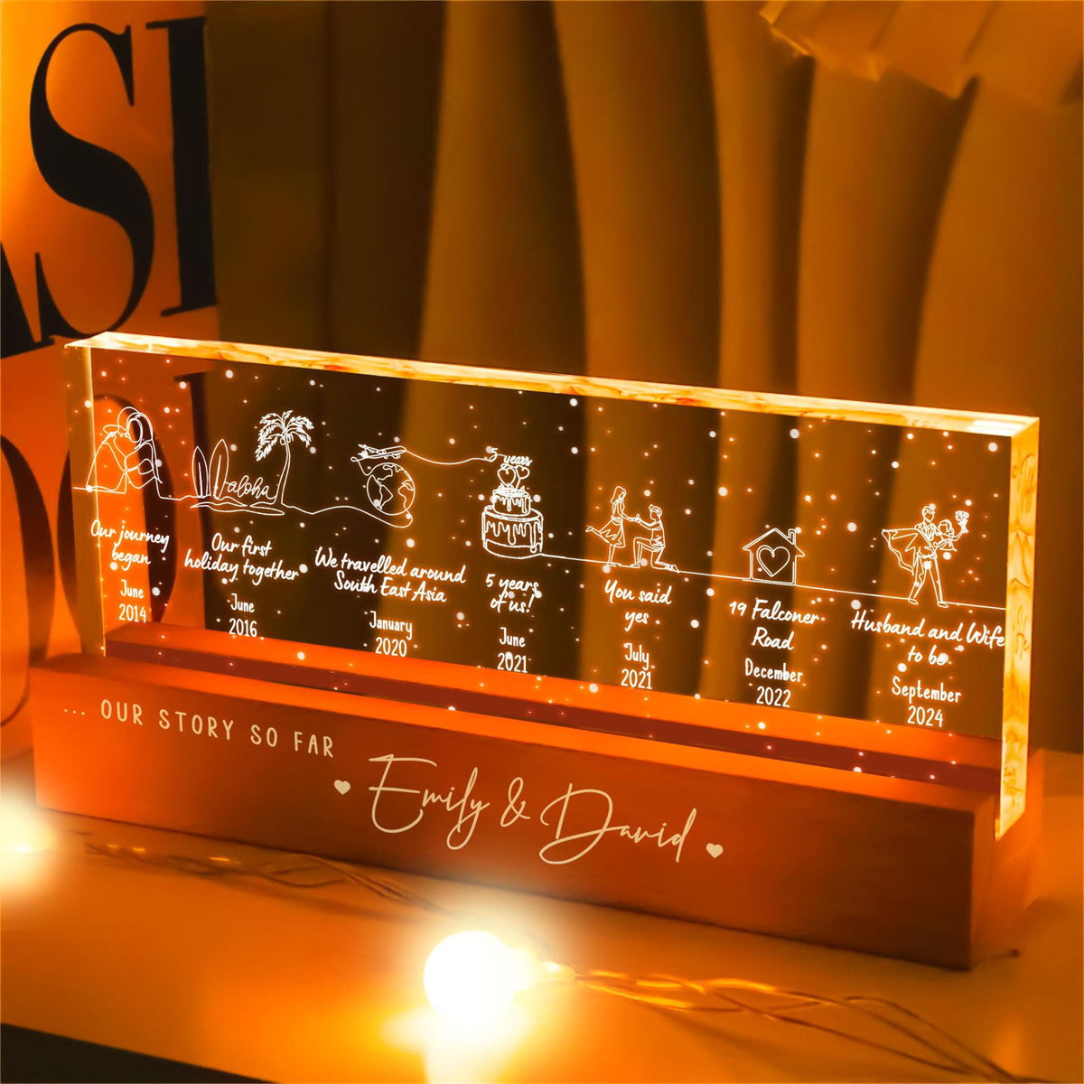 Our Story So Far Couple Night Light With Wooden Base, Personalised Timeline, Relationship 3D Lamp, Valentine Gift, Wedding Anniversary Gift