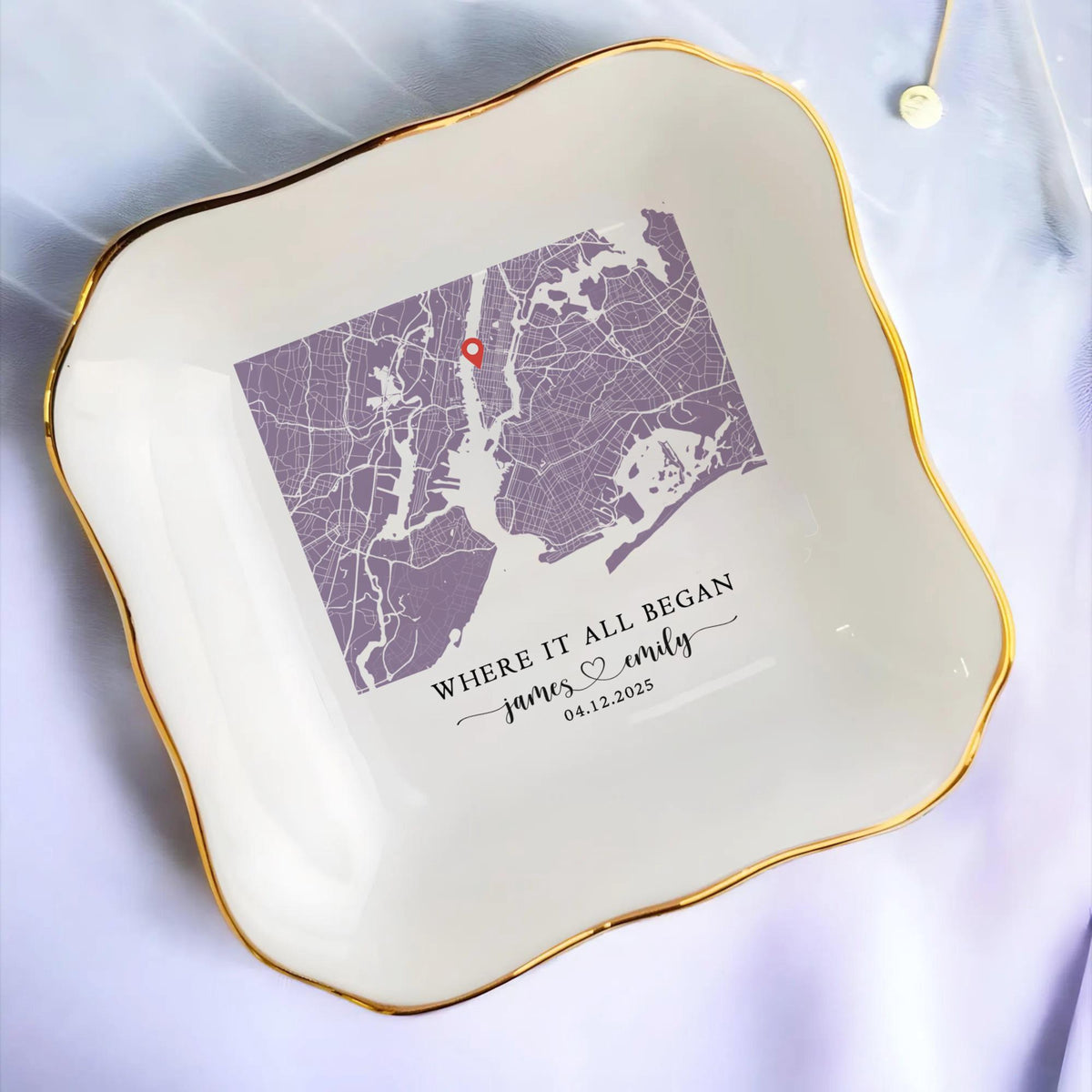Custom Where It All Began Map Jewelry Dish, Personalized First Date Ring Dish, Location Map Jewelry Dish, Engaged Gift, Valentine Gift