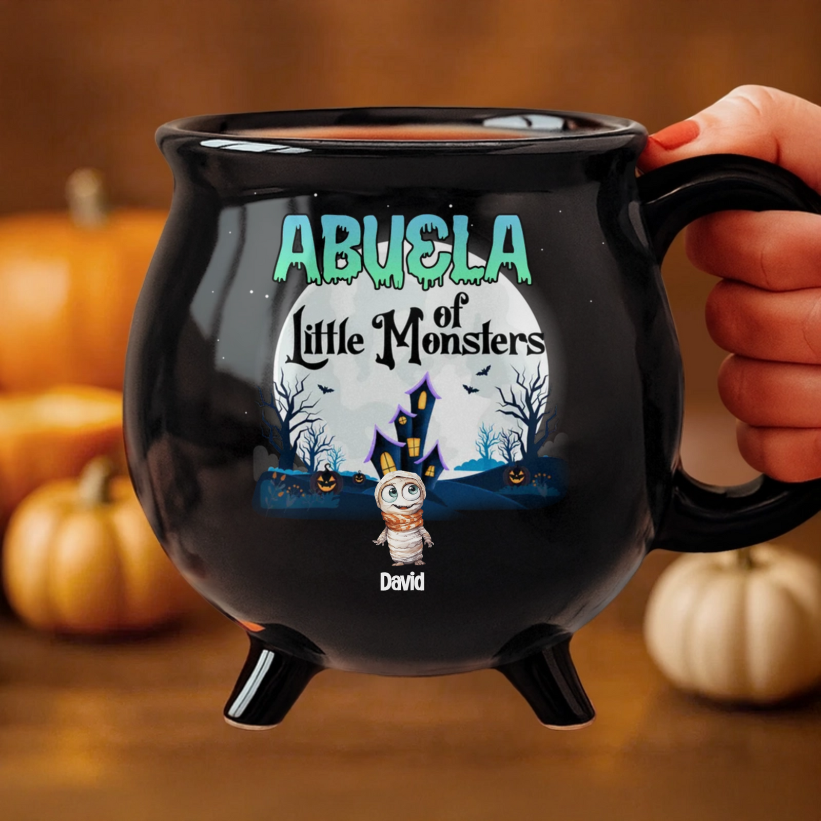 Grandma Of Little Monster - Personalized Halloween Black Ceramic Witch Mug - Halloween Gift For Grandma