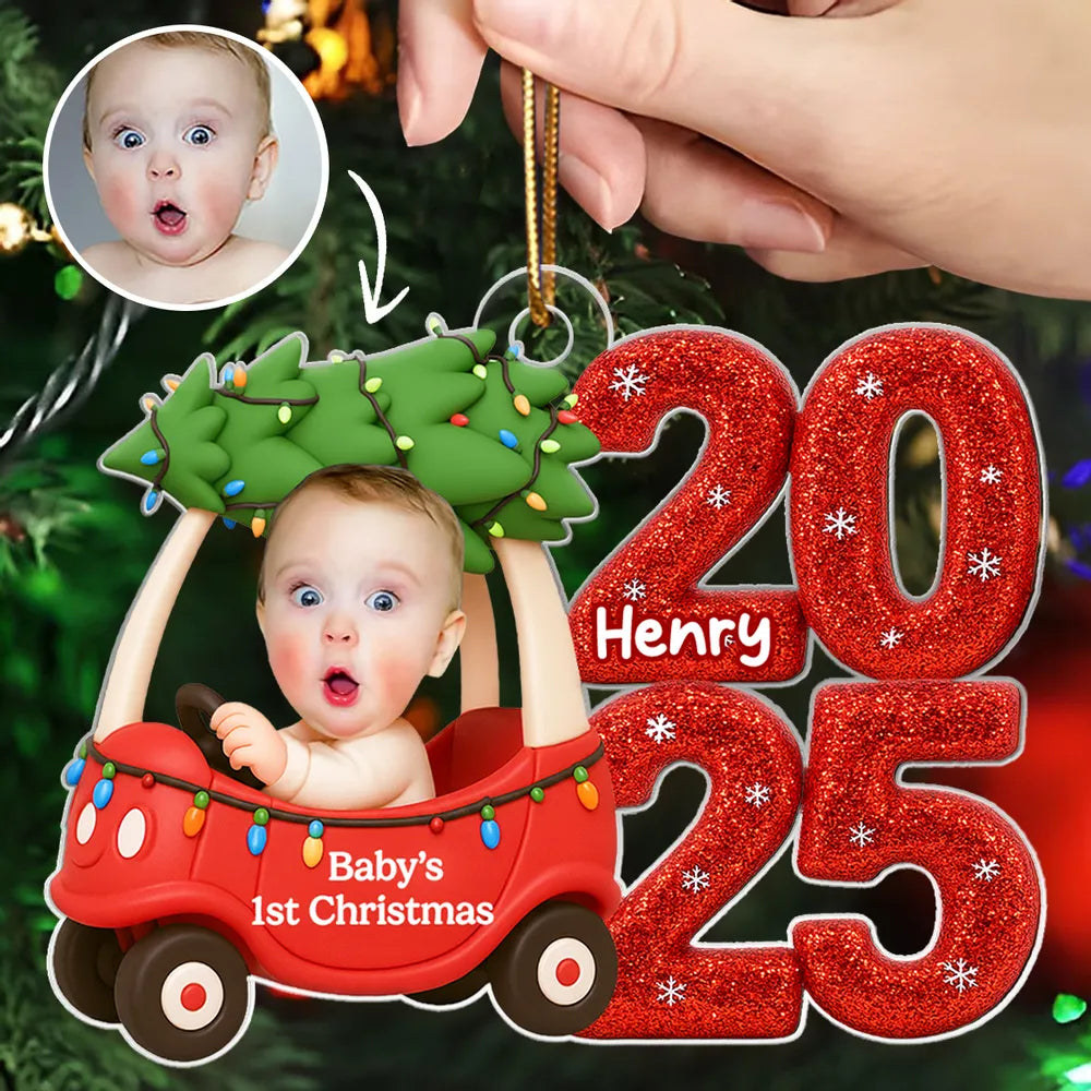 Baby In Car Upload Photo Christmas - Personalized Acrylic Ornament - Christmas Gift For New Parent, Newborn Keepsake