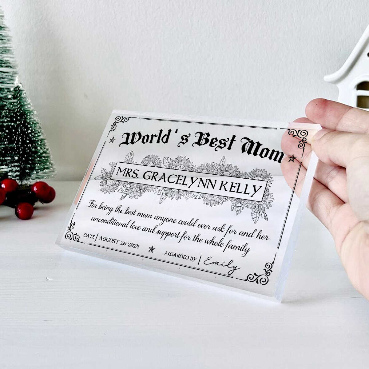 World's Best Mom Award Certificate - Personalized Acrylic Plaque - Gift For Mom, Mother's Day Gift, Birthday Gift