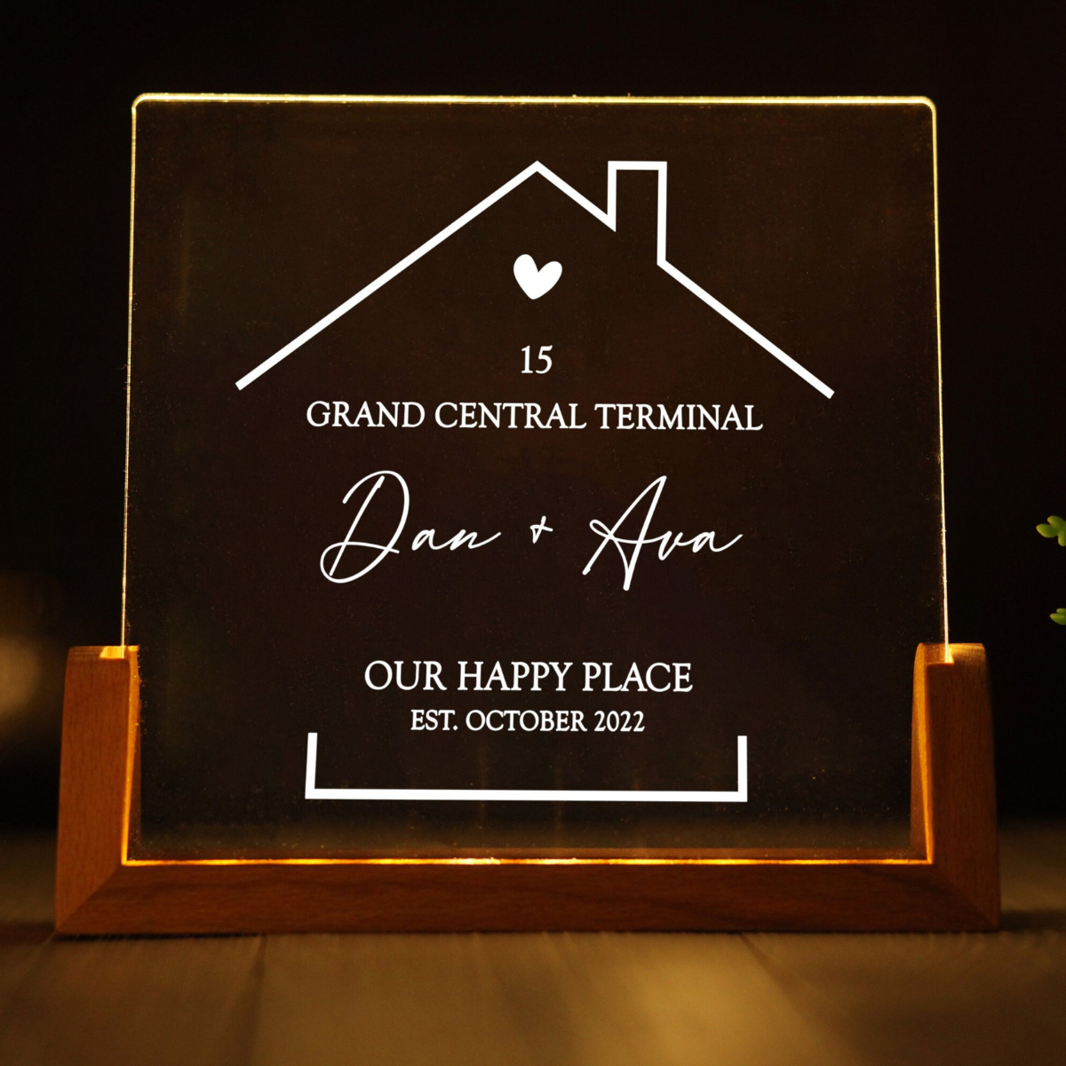 Our Happy Place - Personalized Desk Name Plate Night Light - Gift For Couple