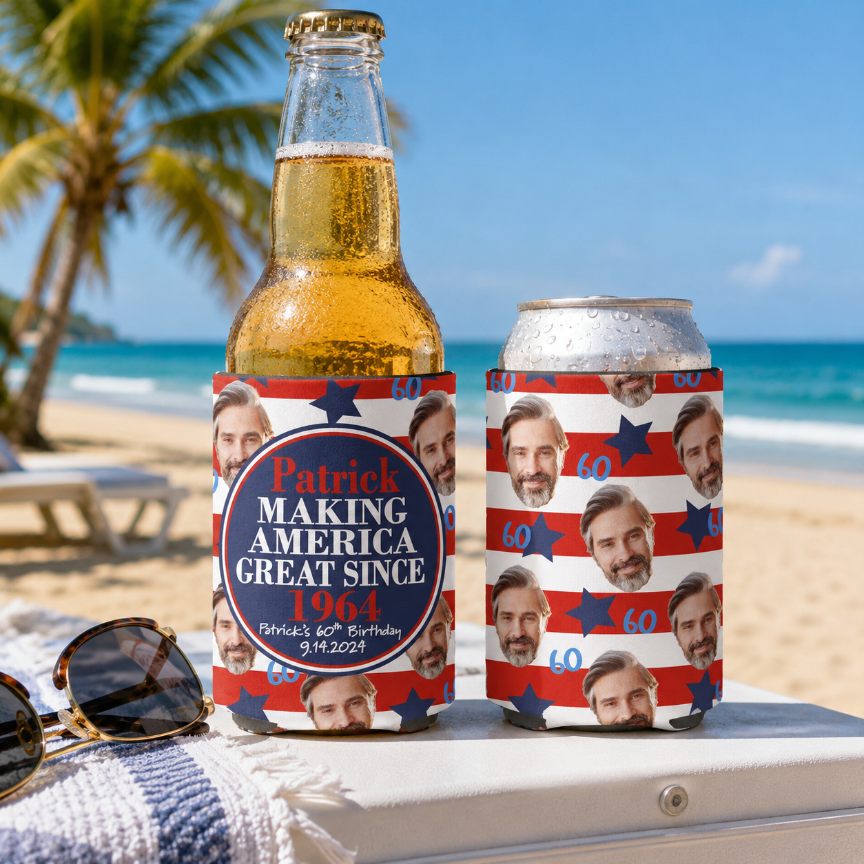Personalized Photo Birthday Can Cooler, Funny Patriotic Party Favors, I Make America Great Again