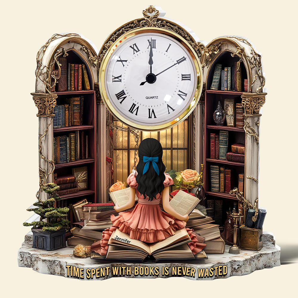 Girl Holding Books - Personalized Acrylic Desk Clock - Gifts for Book Lovers
