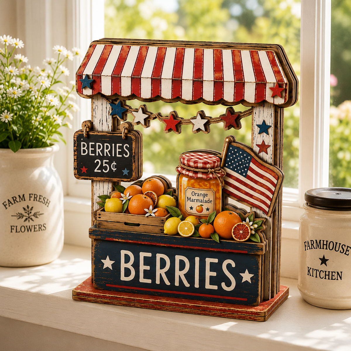 3D Wooden Patriotic Fruit Stand Decor, Summer Gift for Mom, Fourth of July Tabletop, Personalized Kitchen Sign, Watermelon Berry Art Piece