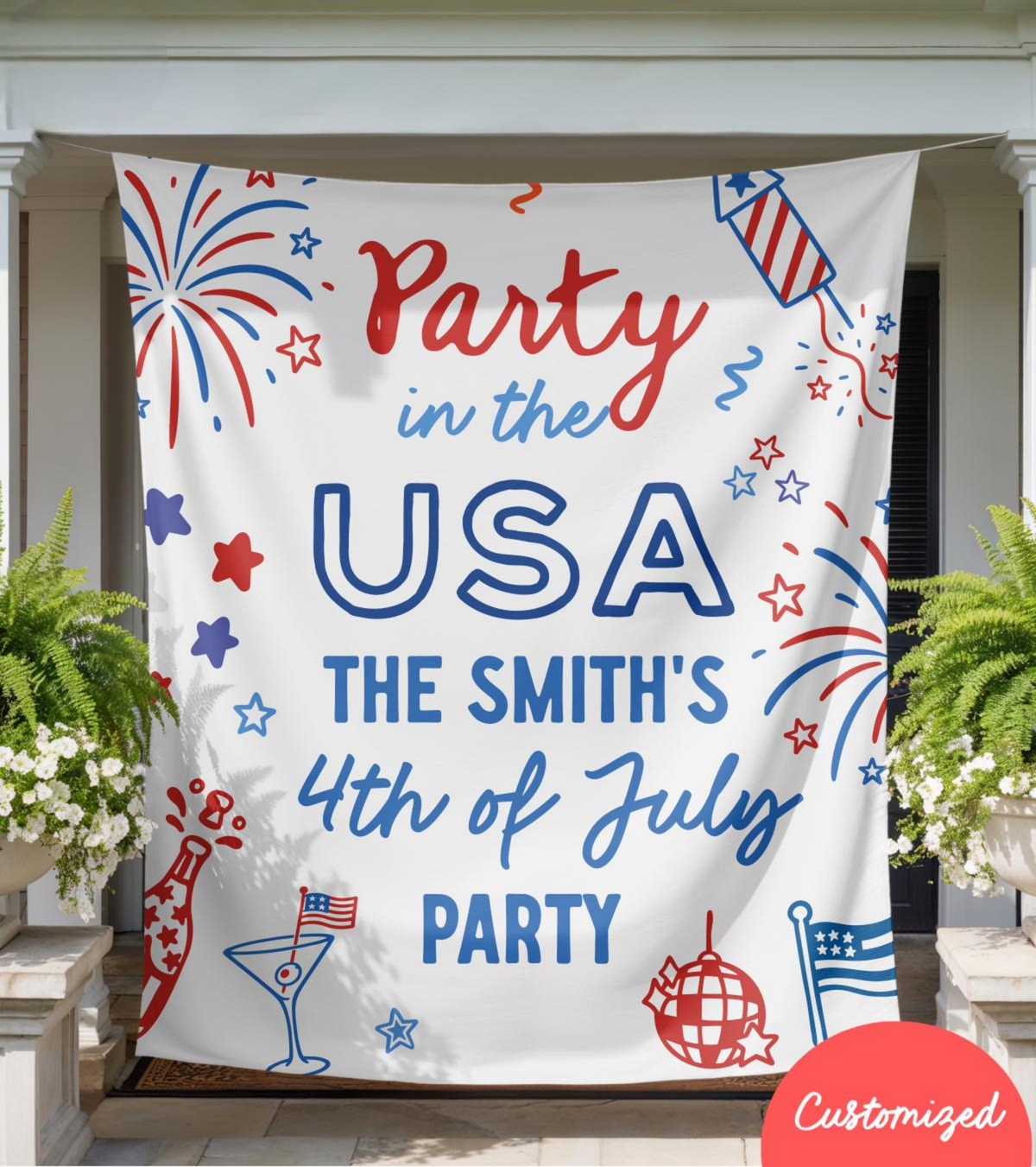 Personalized 4th of July Party Banner, Family BBQ Sign, America 250th Anniversary Photo Backdrop Tapestry, USA Celebration Decor