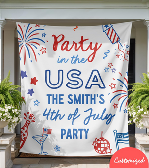 Personalized 4th of July Party Banner, Family BBQ Sign, America 250th Anniversary Photo Backdrop Tapestry, USA Celebration Decor
