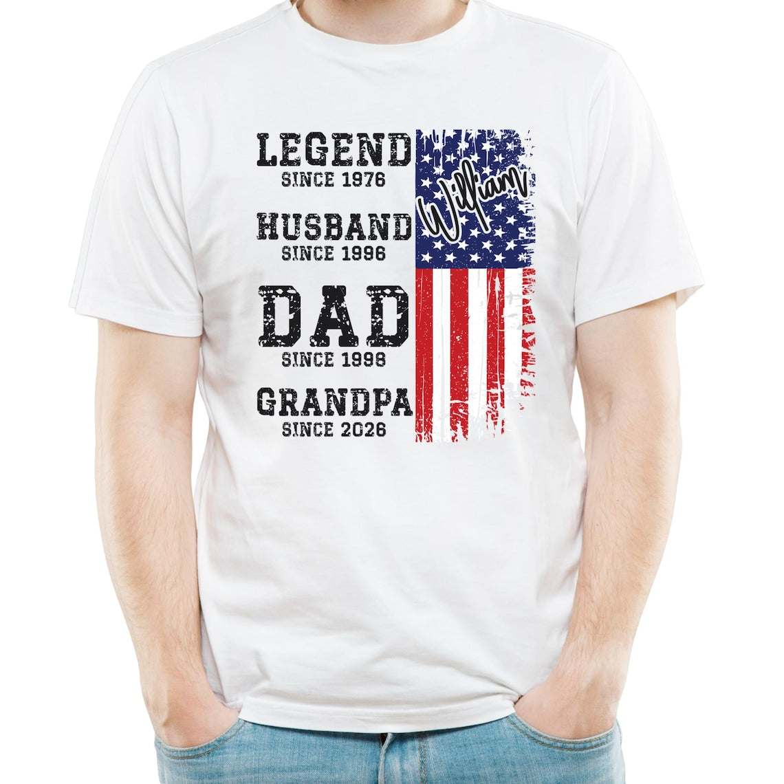 Custom Patriotic Grandpa Shirt, Fathers Day Gift for Dad Grandpa, USA 250th Anniversary Tee, Personalized American Flag Family Shirt