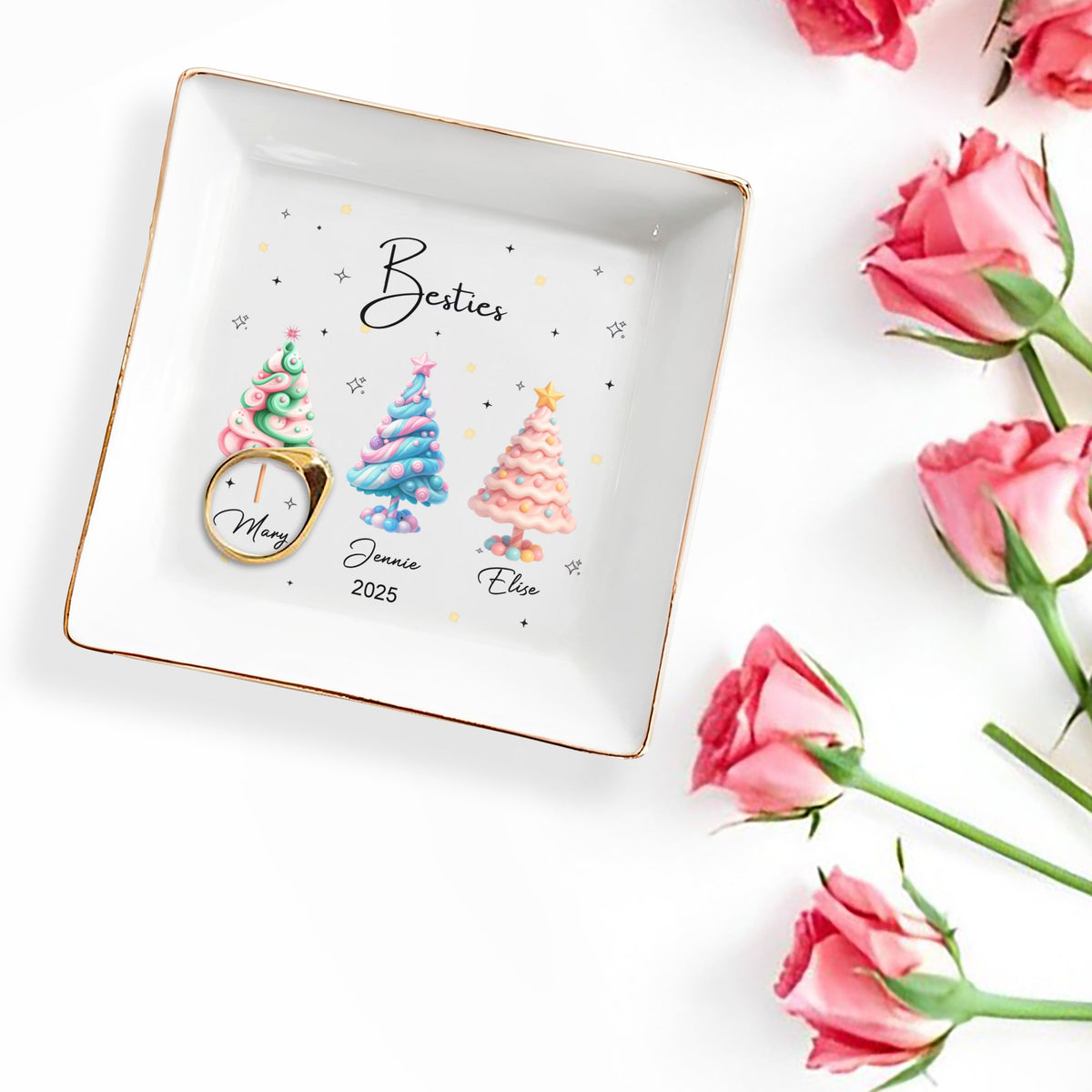 Besties With Colorful Christmas Trees, Personalized Ceramic Dish, Gift For Best Friends