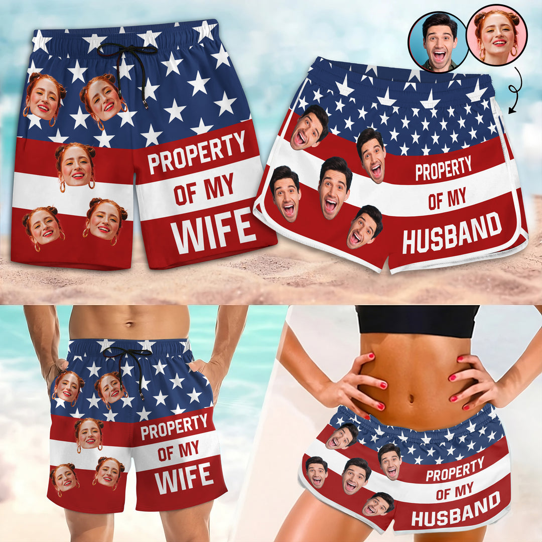 Property Of My Wife 4th Of July - Personalized Custom Couple Beach Shorts - Gift For Couple