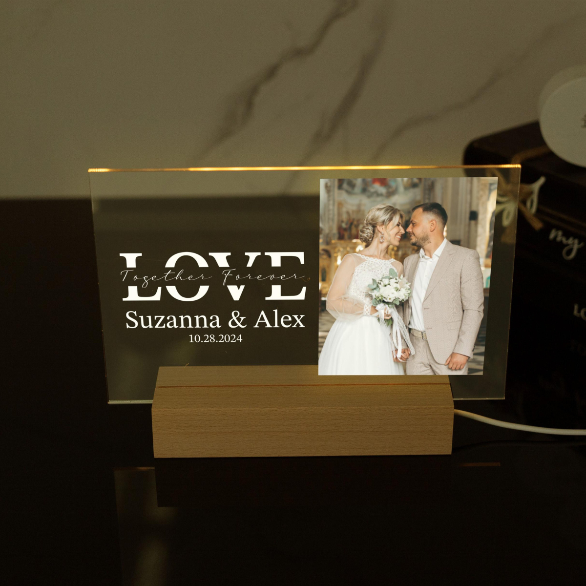 Love Together Forever, Custom Photo LED Light Wooden Base, Acrylic Picture Frame, Couple Photo Stand, Wedding Photo Sign, Wedding Gifts, Couple Picture Gifts